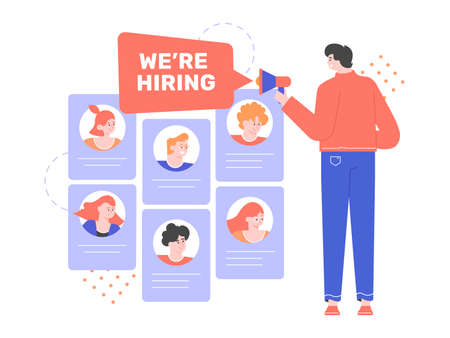 Man with a gramophone, we are hiring textのイラスト素材