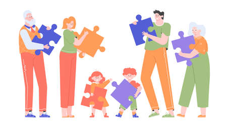 People stand in a row and hold pieces of puzzlesのイラスト素材