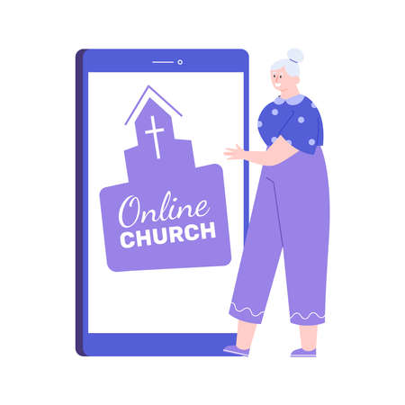 Elderly lady and mobile church online applicationのイラスト素材