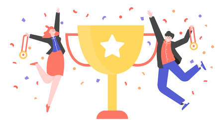 A man and a woman jump next to the golden cup.のイラスト素材