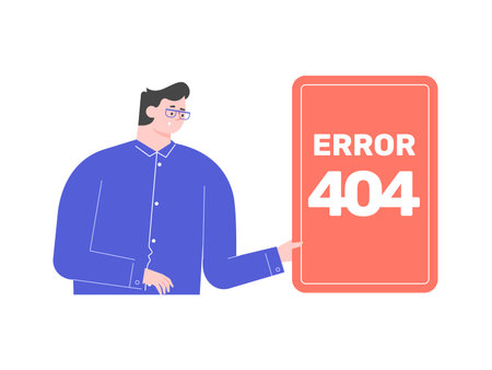 Male character holds the Error 404 sign.