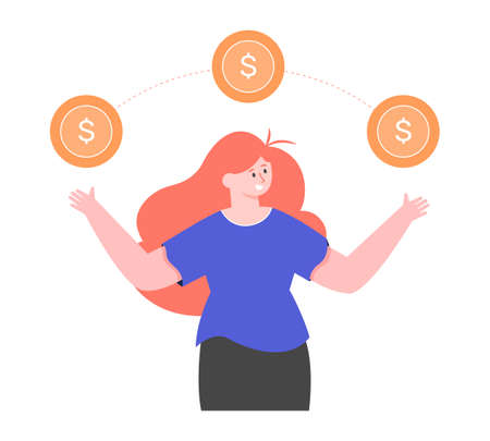 Female character and gold coins with a dollar signのイラスト素材