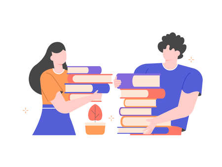 Man and a woman are holding stacks of books.のイラスト素材