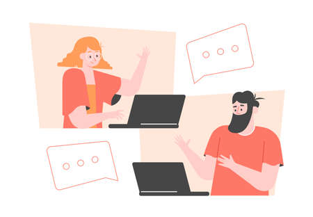 Man and woman with laptops. Online chatのイラスト素材