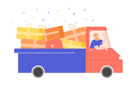 Truck is taking boxes with gifts. Delivery van.のイラスト素材