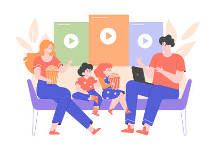 Family is sitting on the couch with popcorn.のイラスト素材