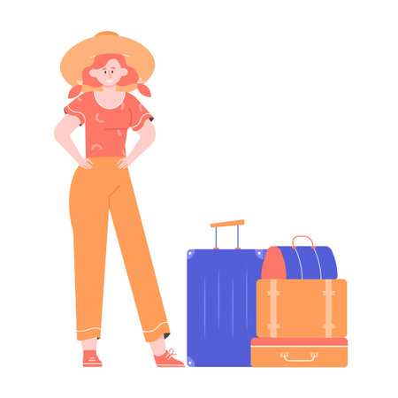 Cute girl traveler in a hat and travel bags and suitcases.のイラスト素材