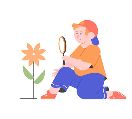 Boy with a magnifying glass looks at a flower.のイラスト素材