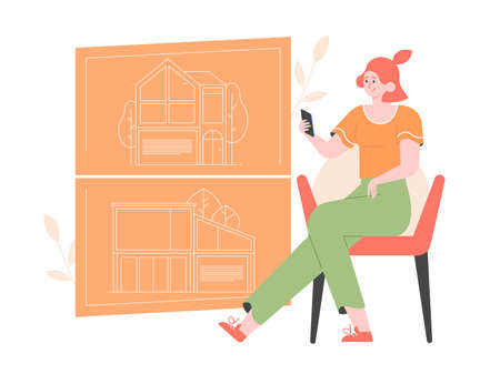 Girl is looking for real estate options for sale.のイラスト素材
