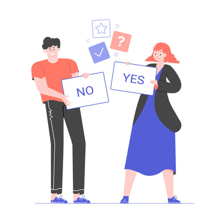 Characters are standing with signs. The girl holds a card with the inscription Yes.のイラスト素材