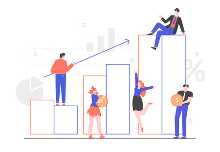 Team of colleagues and graph. Financial data, analytics, economic analysis.のイラスト素材