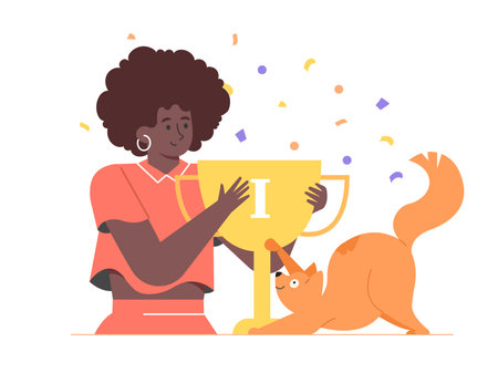 Prize, award, woman owner and pet celebrating success. Ginger cat winning first prize, gold cup.のイラスト素材