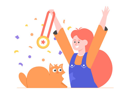Prize, award, girl owner and pet celebrating success. Ginger cat winning first prize, gold medal.のイラスト素材