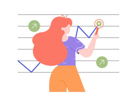 Girl with a magnifying glass analyzes the graph. Financial growth, achievements, reports research.のイラスト素材