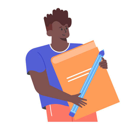 Cute black man character with book and pencil.のイラスト素材