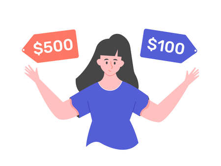 Girl with two price tags. Cheap and expensive purchase.のイラスト素材
