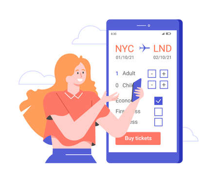 The girl books a plane ticket in the application on her smartphone.のイラスト素材