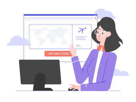 Cute airline employee, computer monitor and browser window.のイラスト素材