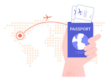 Hand holds a passport and plane tickets on the background of a map with a route.のイラスト素材