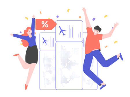 People rejoice at the bargain price of air tickets.のイラスト素材