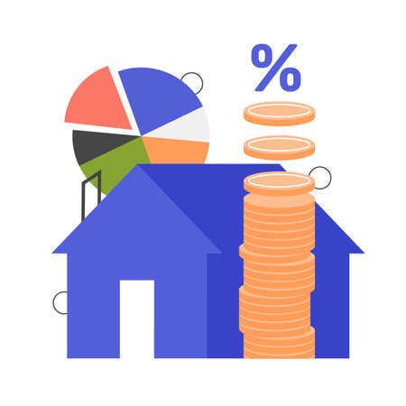 Investments in real estate. House, percentage, stack of coins and pie chart.のイラスト素材