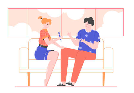 Couple is sitting on the couch looking at a positive pregnancy test.のイラスト素材