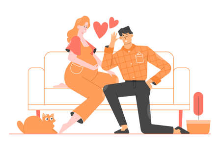 Man listens to the tummy of a pregnant wife. Future mom and dad.のイラスト素材