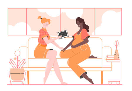 Homosexual couple of pretty girls is sitting on the couch, looking at ultrasound scan of the fetus.のイラスト素材