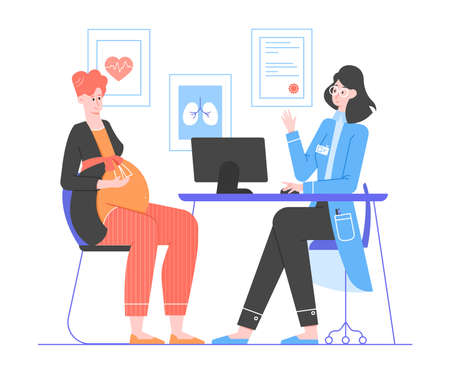 Pregnant woman at the doctors appointment. Future mother and gynecologist.のイラスト素材