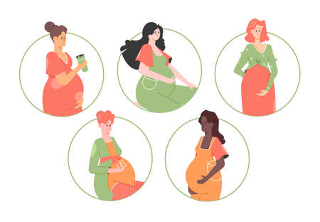 Set of pregnant women of different nationalities. Mothers-to-be.のイラスト素材