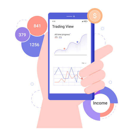 Hand holds a smartphone with graphs and financial data.のイラスト素材