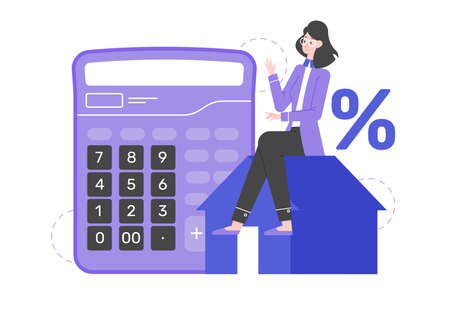 Calculator, percentage and house icon. Woman consultant realtor.のイラスト素材
