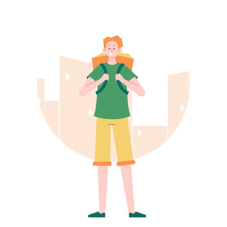 Boy courier in full growth. Character with a back bag.のイラスト素材
