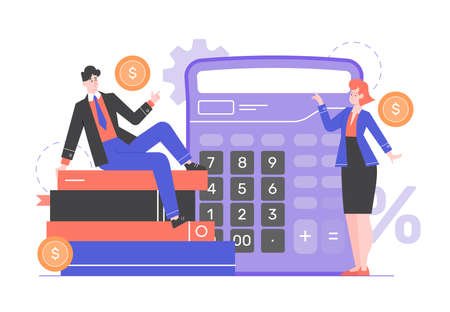 Man and woman in business suits. People are standing next to books and a giant calculator.のイラスト素材
