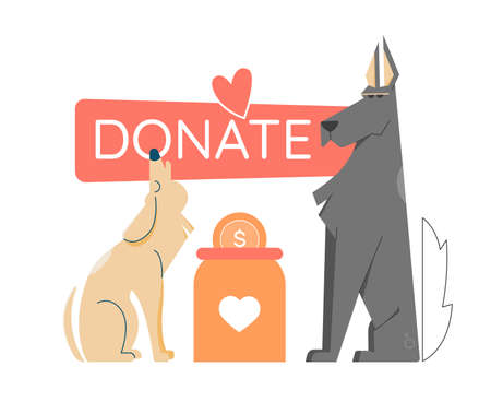 Two dogs sit next to a donation jar. Support for a dog shelter, homeless animals, volunteering.のイラスト素材