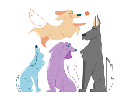 Set of different dogs in different poses sits, howls sadly, plays with a ball.のイラスト素材