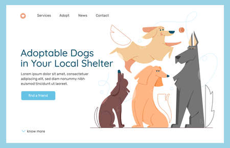 Adoptable pets in local shelter. Set of different dogs in different poses sits, howls sadly, plays with a ball.のイラスト素材