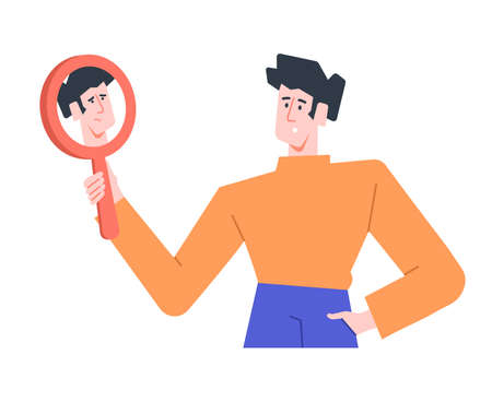 The man looks in the mirror and sees his sad, depressed, tired reflection.のイラスト素材