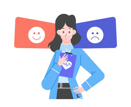 The doctor is next to two icons with sad and cheerful faces.のイラスト素材
