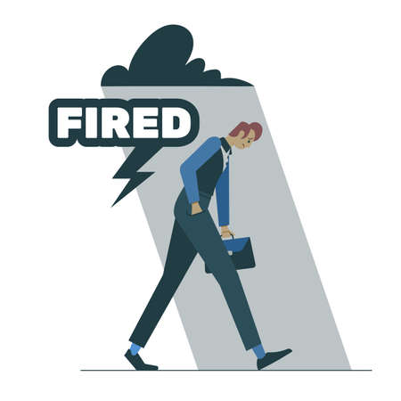 Sad man in a business suit with a briefcase walks under the shadow of a cloudのイラスト素材