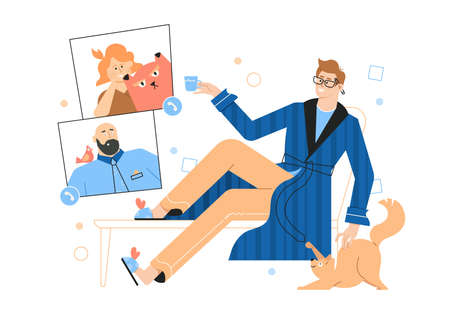 Pets interrupt a working online meeting.のイラスト素材