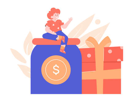 The boy is sitting on a piggy bank next to a box with a ribbon and a bow.のイラスト素材