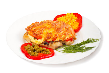 meat with cheese and vegetables isolated on white backgroundの写真素材