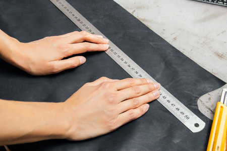 top view of the hands of a leather craftsman. holds a metal ruler