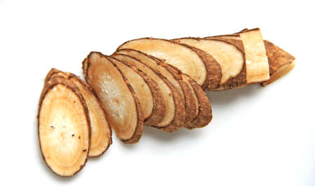 Slices of fresh Burdock rootの写真素材