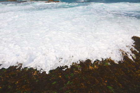Ocean Foam as waves breaks at shore against coral seabed