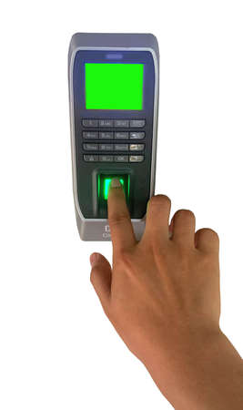 Biometric fingerprint sensor device to control access or attendance at places such as offices factories, scan the finger, right index finger, enter the time to begin work isolate white background.の写真素材