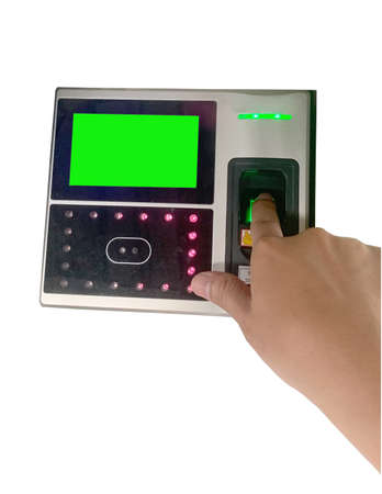 Biometric fingerprint sensor device to control access or attendance at places such as offices factories, scan the finger, right index finger, enter the time to begin work isolate white background.の写真素材