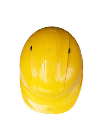 top view of yellow safety helmet wear safety first on white backgroundの写真素材