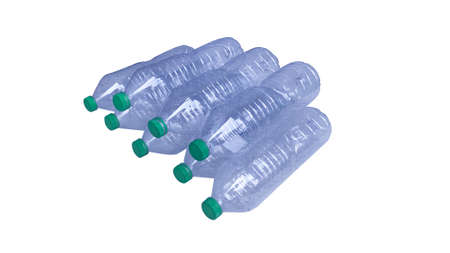 Stacked plastic water bottles are a waste that pollutes the environment. can manage to reduce pollution Separate the label from the bottle before recycling on a white background.の写真素材